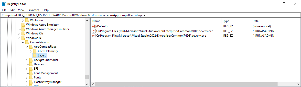 The Registry Editor showing the added key-values for Visual Studio 2019 and 2022