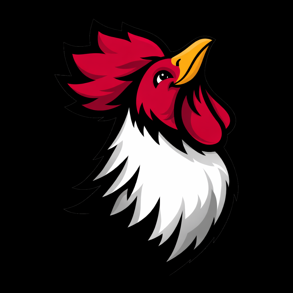 A happy chicken looking up into the sky with spiky feathers