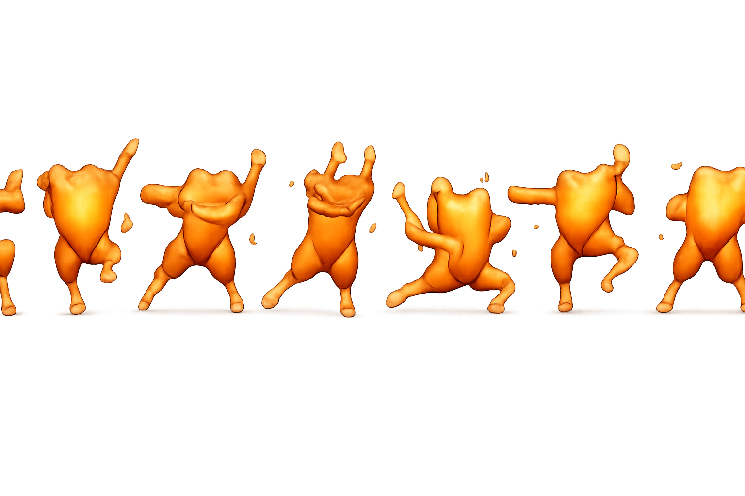 5 and a half nightmarish CGI-looking orange chickens with impossible body parts and floating members