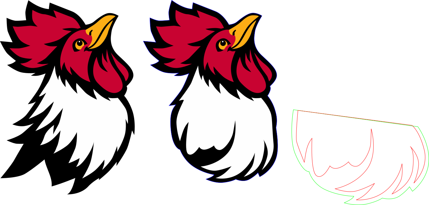 Three panels showing the original trace of the GPT output, an improved fluffy chicken head, and the bottom half linework that got me there