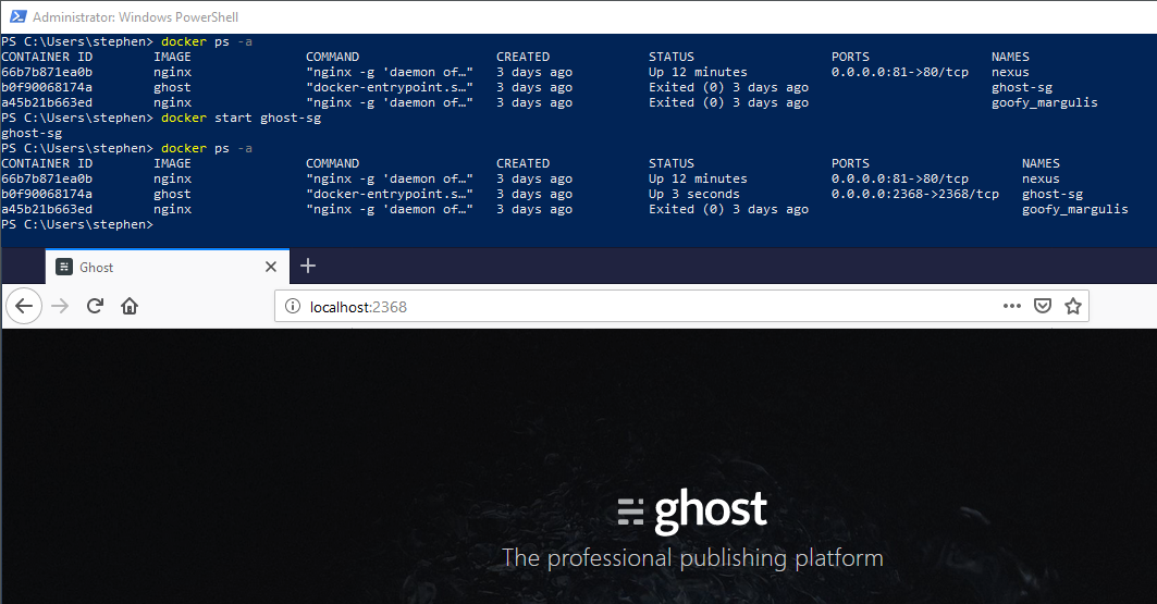 Starting up an image of Ghost blogging software in docker in PowerShell