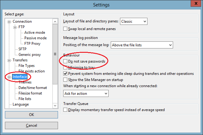 Save passwords in Filezilla