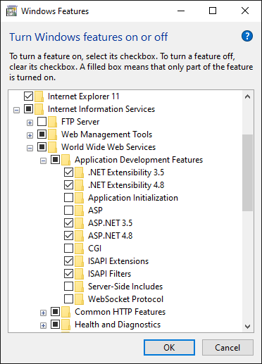 Activating IIS in Windows Features