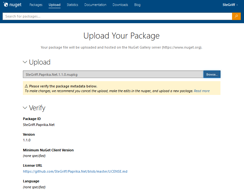 Uploading a package in the web interface