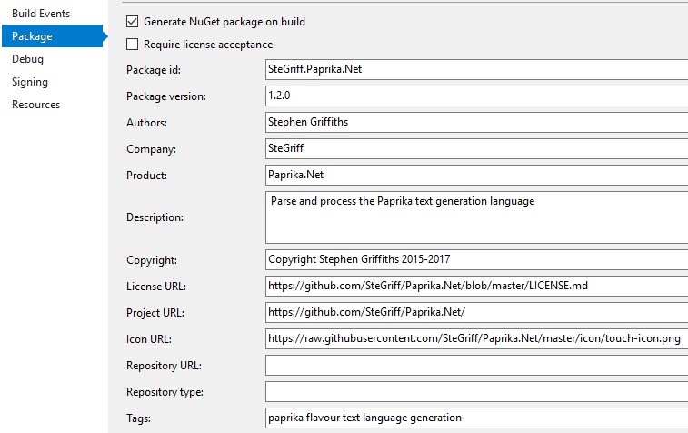 Package setup in VS project properties