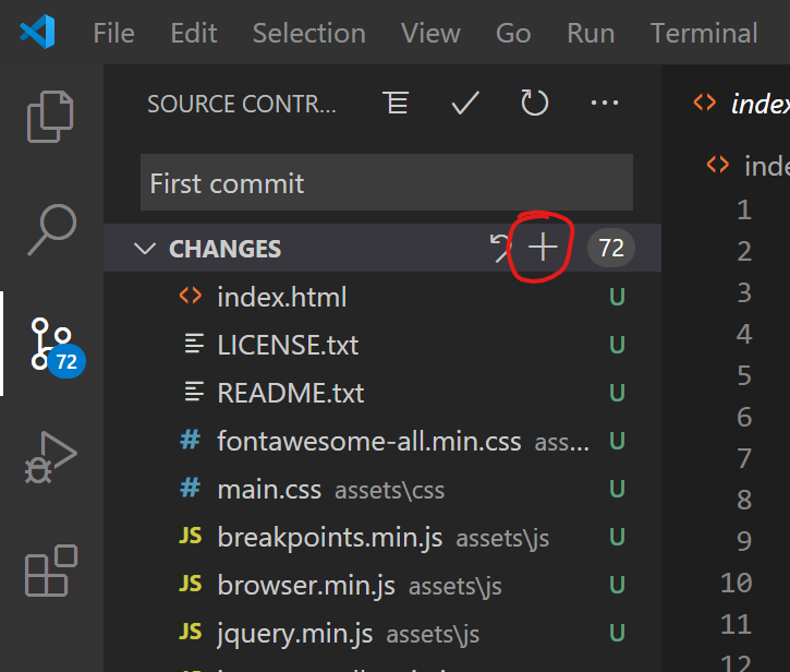 Stage all changes in VS Code