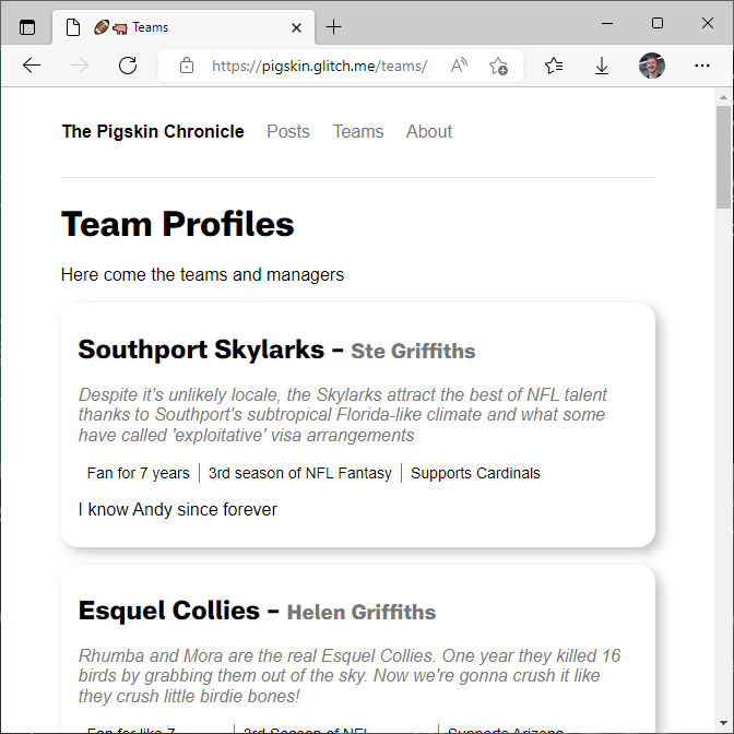 Screenshot of the Pigskin Chronicle site showing team profiles