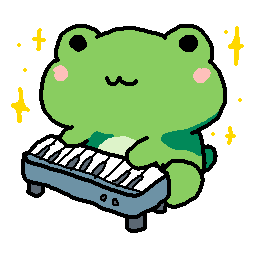 Baby cartoon frog playing a tiny electric piano