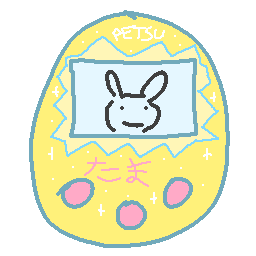 Tamagotchi-style sticker which links to posts about virtual pets