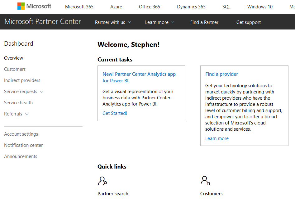 Screenshot of Partner Center