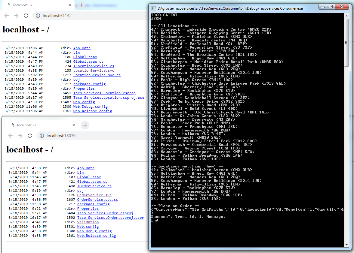 Two localhost browser windows and a command window showing the result from API calls