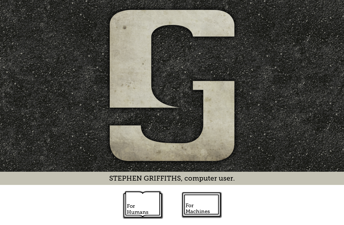 Screenshot of a web page with concrete textures, a large logo, and two icons