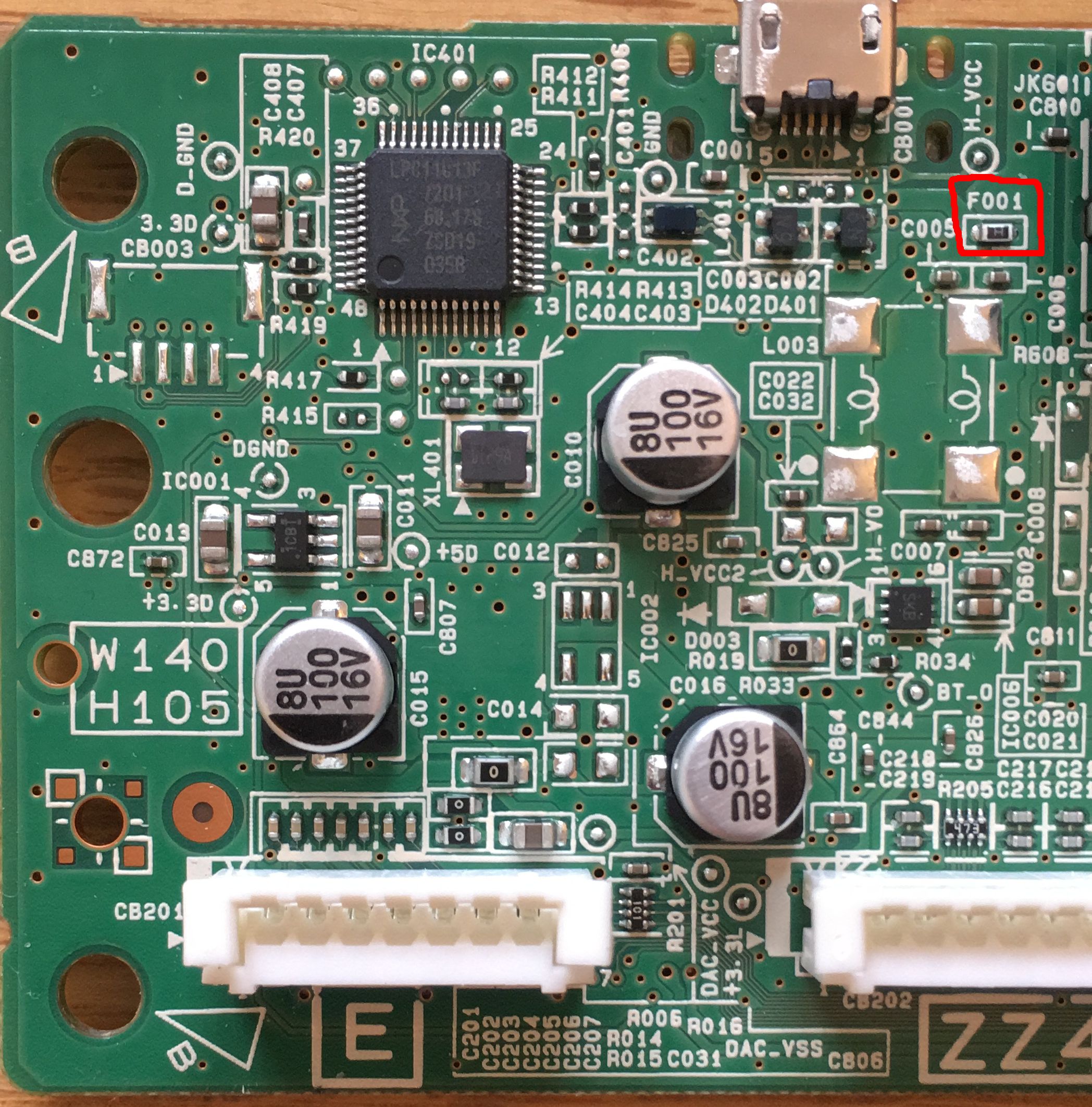 Location of Fuse F001 near USB input